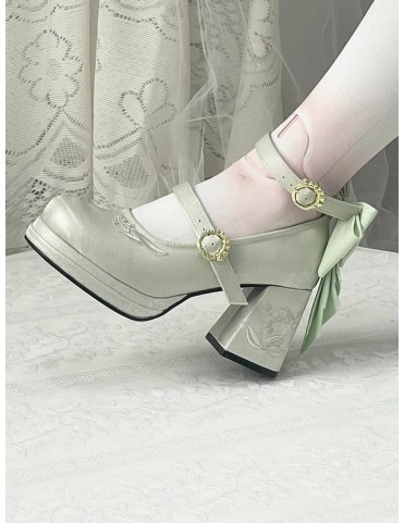 Escarpins Mary Janes verts satinés avec nœud amovible et broderie de m