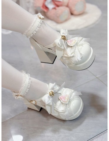 Mary Janes blanches à talon bloc en PU - Berry Accented Bow & Fermoir