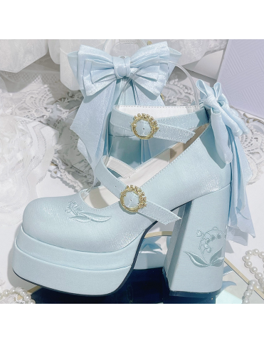 Mary Janes à talons compensés et nœuds amovibles, broderie de muguet