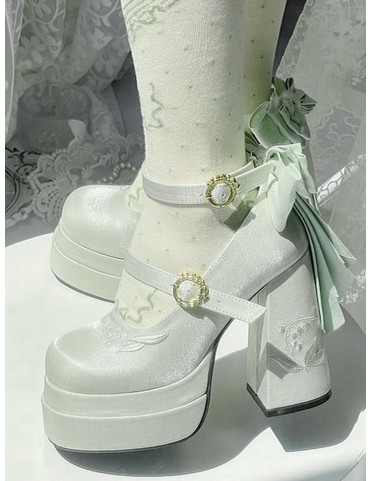 Mary Janes à talons compensés verts, à nœuds amovibles et broderie de