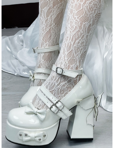 Escarpins Lolita à plateforme blanche avec nœud papillon et motif papi