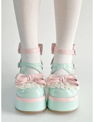 Chaussures Mary Jane à plateforme en dentelle et nœud rose