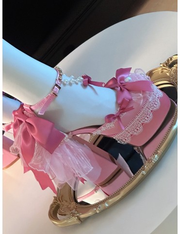 Escarpins à talons blocs 14CM avec nœuds roses, dentelle et chaînes pe
