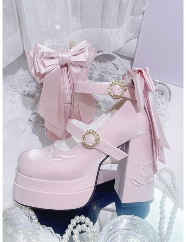 Mary Janes à talons compensés et nœuds amovibles, broderie de muguet