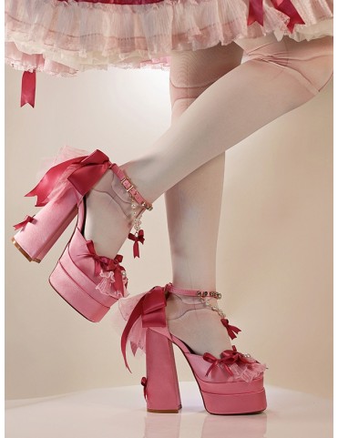 Escarpins Lolita à Talons Bloc 14CM avec Chaînes Perlées et Bride à No