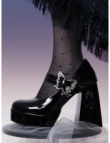 Mary Janes à plateforme noire, boucle papillon et talon bloc fleuri 11
