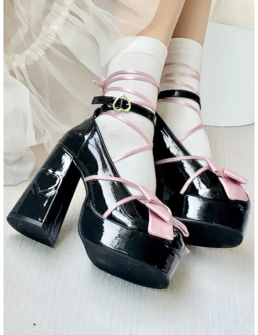 Mary Janes plateforme noires Lolita - Talon bloc haut, nœud rose, bouc