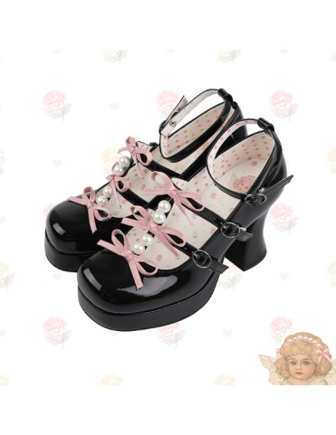 Mary Janes en cuir noir et rose, boucle PU
