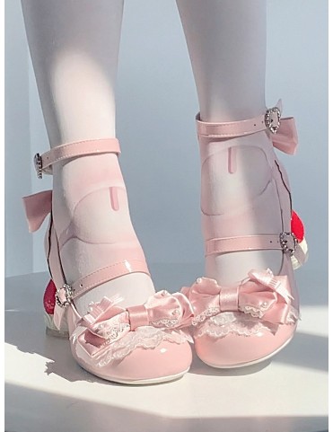 Mary Janes Rose Bonbon Lolita - Talon Gâteau Fraise avec Cœur Cristal