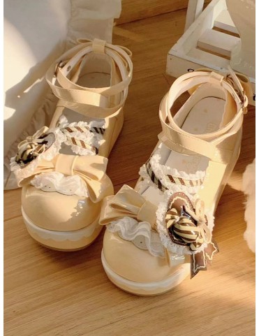 Chaussures Mary Jane plateforme jaune avec nœuds, volants, clip cœur e