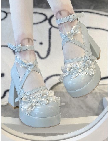 Escarpins Sweet Lolita Bleu – Bout Rond, Dentelle Superposée & Nœuds