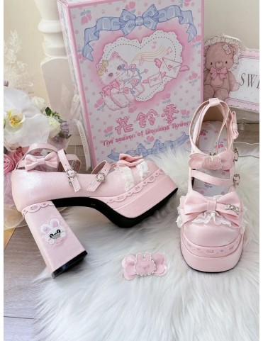 Plateformes Satin Rose Sweet Lolita - Talons Bloc Haut avec Nœuds, Den