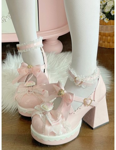 Mary Janes Rose à Talons Bloc avec Accent Nœud et Cœur Décoratif