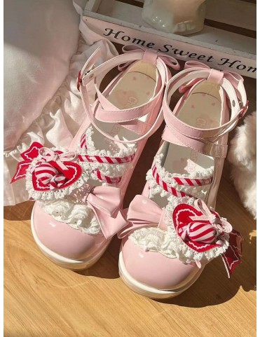 Escarpins Mary Janes à plateforme en dentelle multicouche - Rose Frais