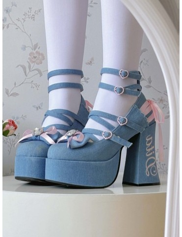 Escarpins plateforme bleu Sweet Lolita à talon bloc et nœud