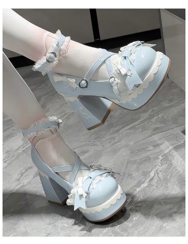 Mary Janes bleu plateforme à talons épais - Design croisé, boucles en