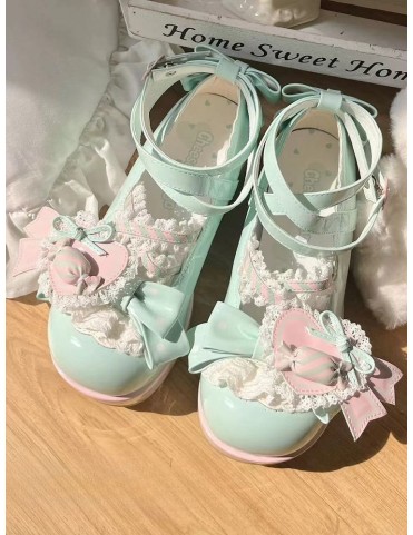 Chaussures plateforme vert menthe en cuir PU avec clip cœur rose, brid