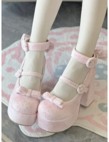 Chaussures Lolita élégantes en velours rose avec nœud amovible et bouc