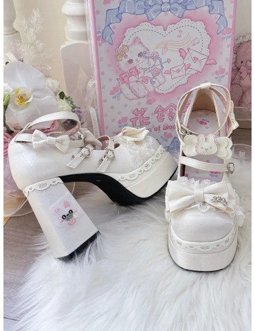 Mary Janes Thème Lapin Blanc Sweet Lolita - Détails à nœud, Bordure en
