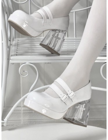 Escarpins blancs à talons blocs et bout rond en cuir synthétique - 9cm