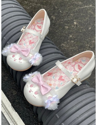 Chaussures Lolita à nœuds rose et blanc, boucle lapin et bout rond