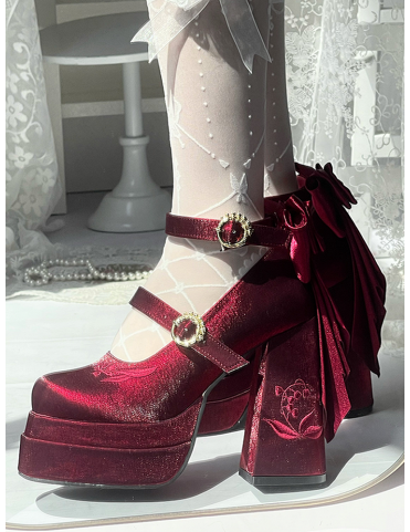 Mary Janes bordeaux à plateforme, nœuds amovibles et broderie lys