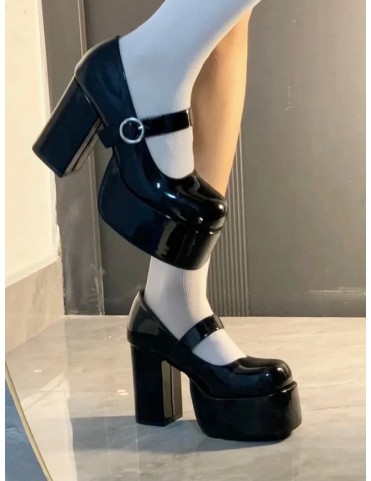 Escarpins noirs Y2K à talon bloc - Style Mary Jane avec boucle circula