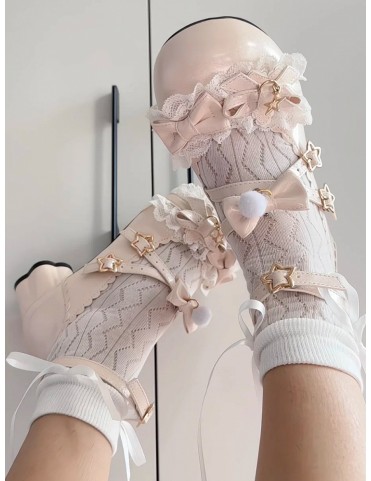 Ballerines Mary Janes beige en cuir synthétique avec détails en dentel