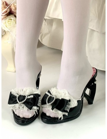 Mules Lolita Talons Noirs - Modèle à Enfiler avec Perles, Nœuds et Tal