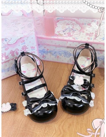 Mary Janes noires à talons moyens, style Lolita avec motifs de lapin
