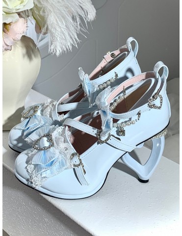 Chaussures Lolita à talons hauts Blue Hime - Détails en dentelle, nœud