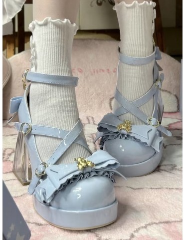 Mary Janes Bleues Style Sucré - Plateformes en Cuir PU avec Brides Cro