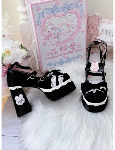Mary Janes Noires à Talons Bloc, Embellies de Nœuds, Dentelle et Boucl