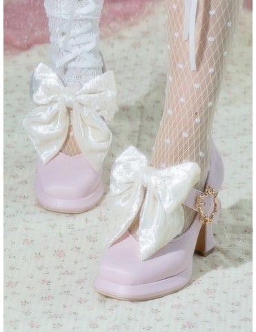 Chaussures Lolita satinées rose classique avec nœud beige amovible et
