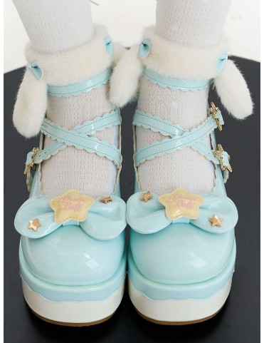 Plateformes Vert PU Crisscross, Top à Nœud & Étoile - Style Sweet Loli