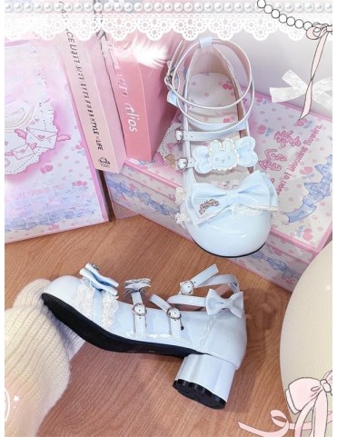 Mary Janes bleues en cuir synthétique avec nœud, dentelle et fermoir c
