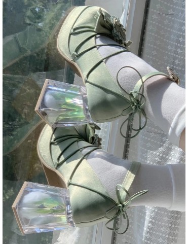 Escarpins Lolita verts à lacets et nœud floral