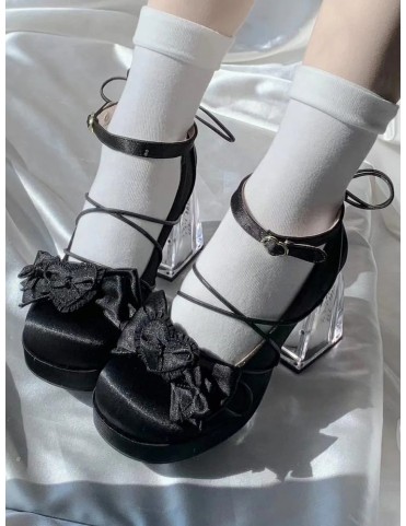 Mary Janes noires à talon bloc en PU - Accent floral, fermoir cœur et
