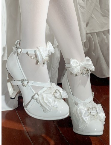 Escarpins Hime Lolita Blanc PU - Talon Coeur Orné, Strass & Chaîne à P