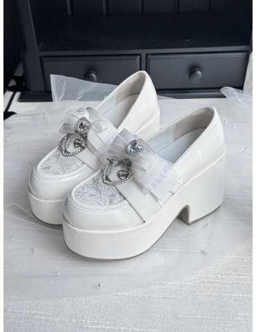 Mules blanches à plateforme Jirai Kei : talon bloc 9.5cm, bout rond, n