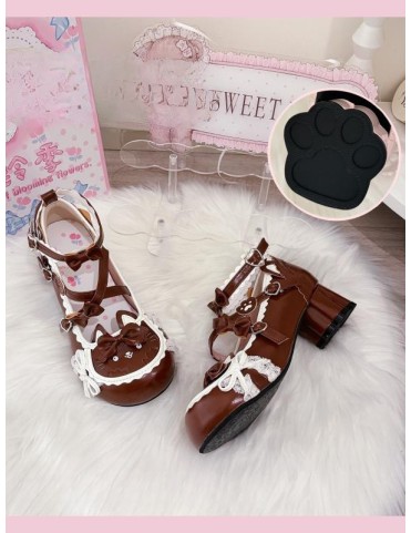 Mary Janes marron PU à talon moyen avec détails chaton, nœud et boucle