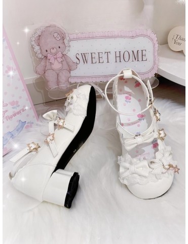 Mary Janes blanches en PU, détails dentelle, nœuds et étoiles - Style