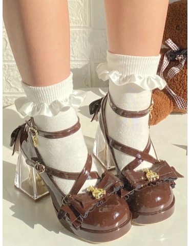 Escarpins Lolita Marron Plateforme - Détails Croisés, Boucle Cœur & Ta