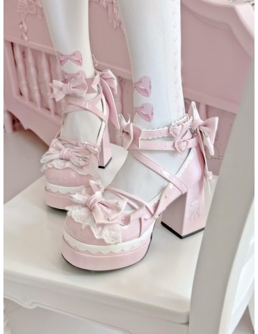 Escarpins Mary Janes plateforme rose pastel - nœud rayé, détails en de