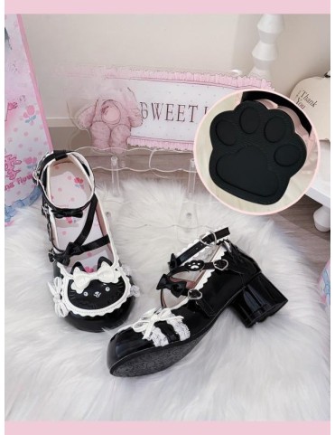 Mary Janes noires à talon moyen en cuir synthétique avec détails chat