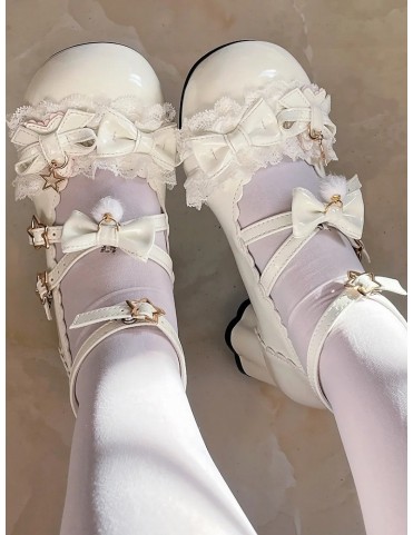 Mary Janes blanches à talon moyen en cuir synthétique avec nœud, bride