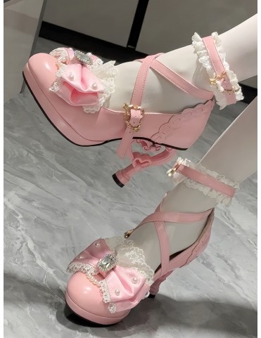 Escarpins Pink Hime Lolita - Nœud en cristal et perles, dentelle, talo