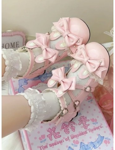 Mary Janes rose Lolita à talons bas en cuir PU avec nœud oreilles de l