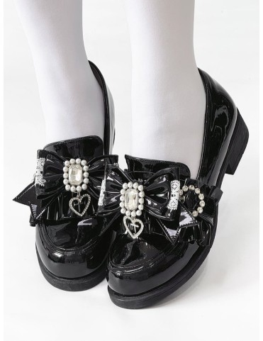 Mocassins noirs élégants Jirai Kei - Décoration strass et perles, nœud