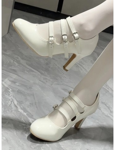 Escarpins élégants Lolita blancs vernis à triple boucle